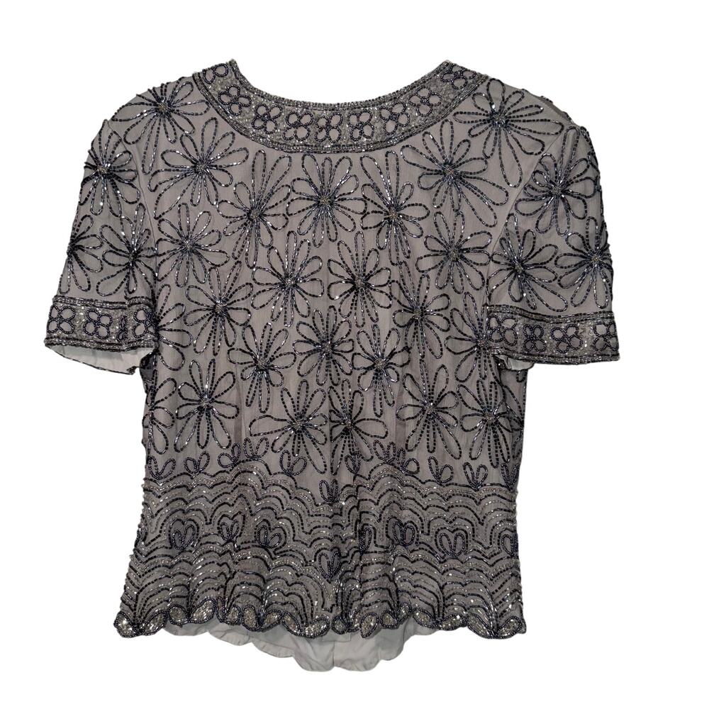 Vintage Papell Boutique Evening Silk Beaded Floral Blouse Gray‎ M fairy